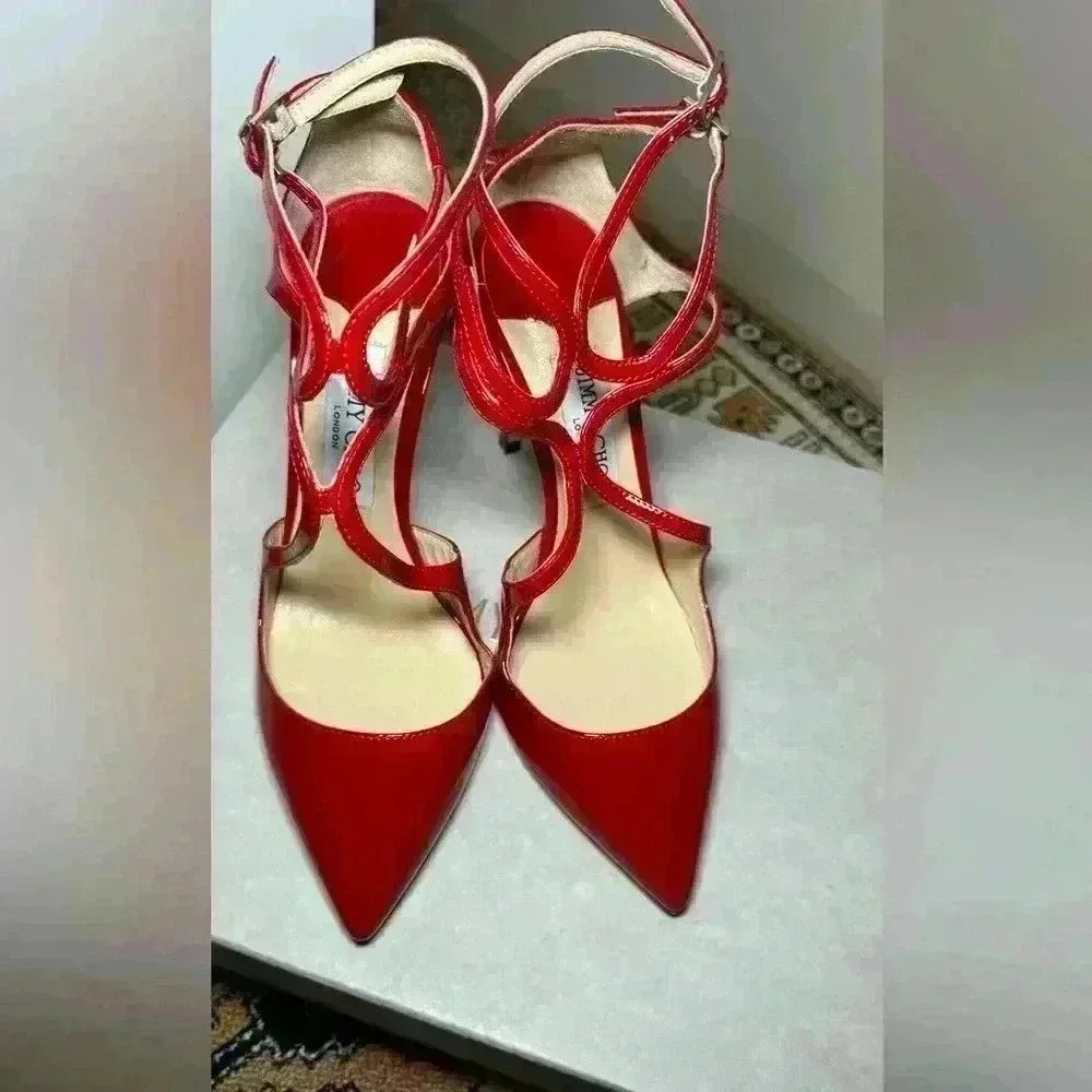 Jimmy Choo - Lancer Stiletto Red Patent Leather Pumps - 38 - Picture 6 of 10